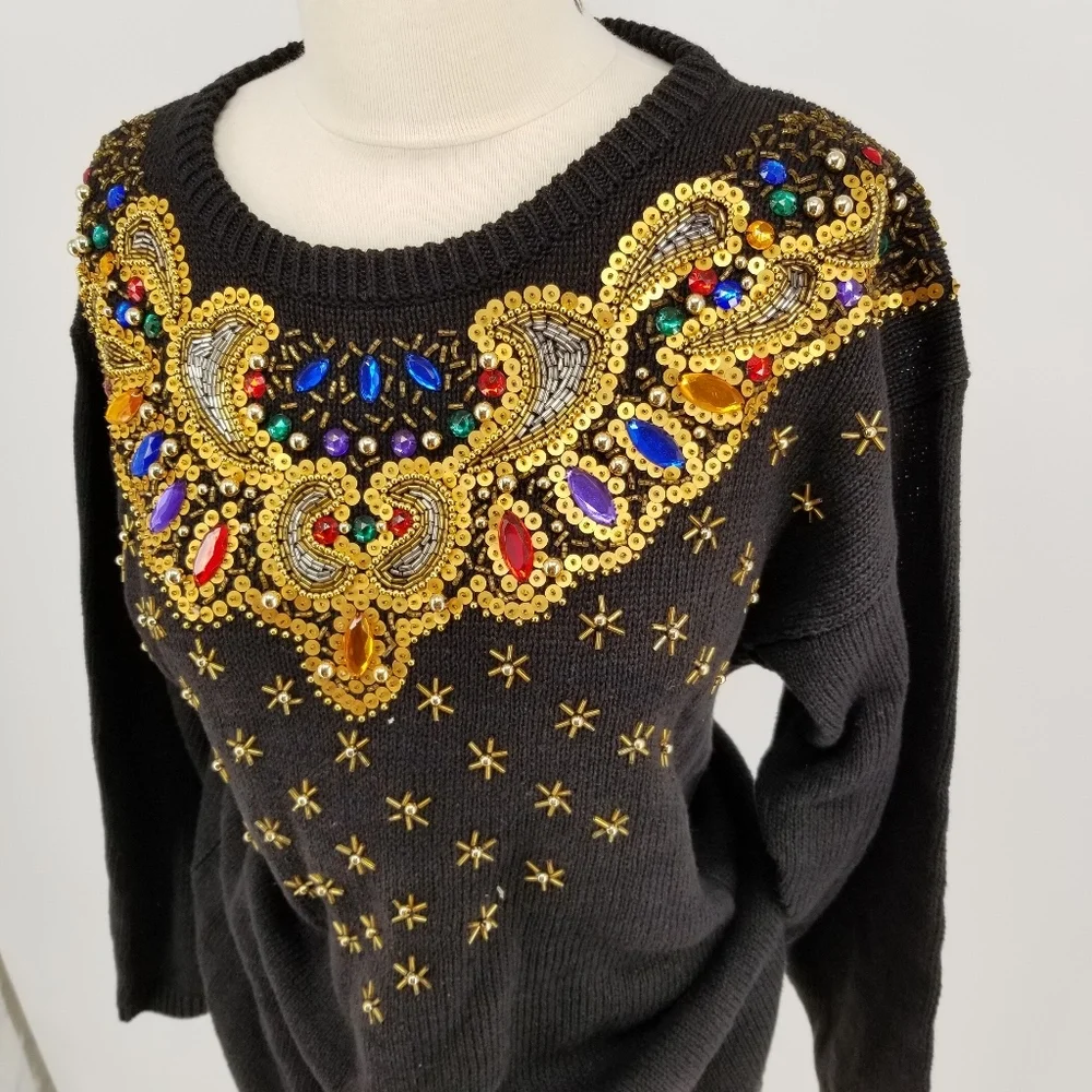 Vintage womens sweater gold sequins black Small - Picture 4 of 7